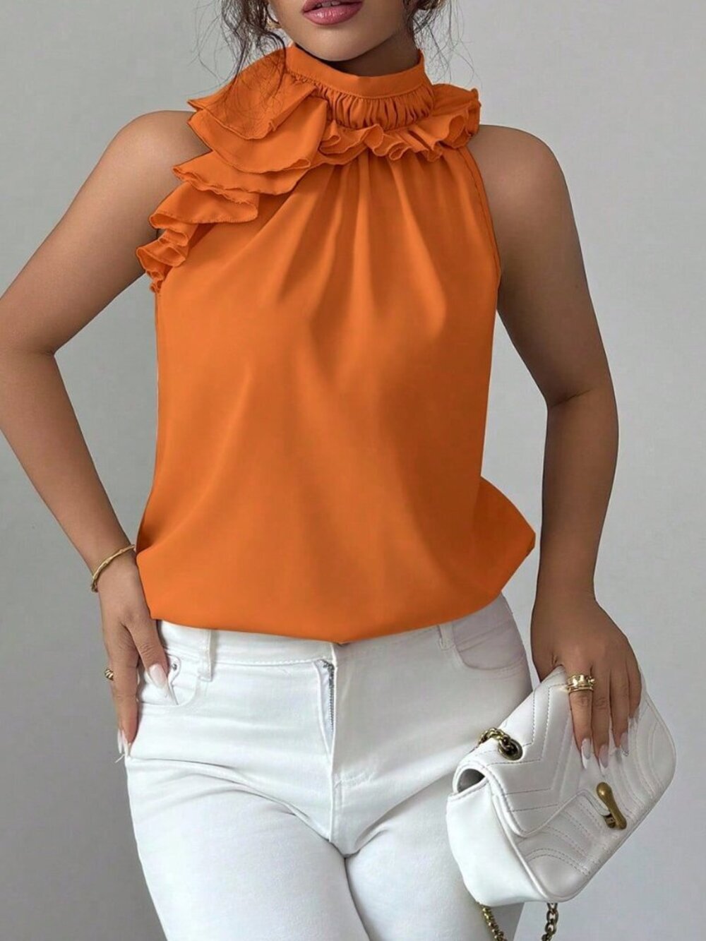 Orange Casual Women's Ruffle Sleeveless Blouse - Picture 6 of 7